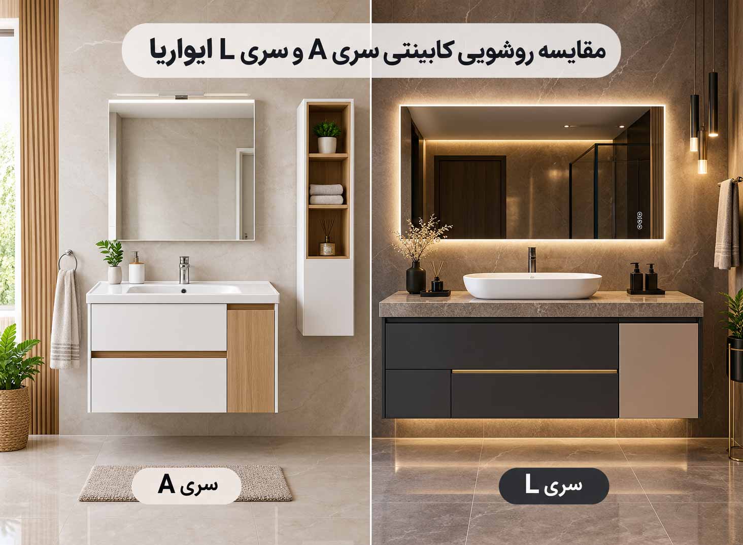 مقایسه روشویی کابینتی سری A و سری L ایواریا